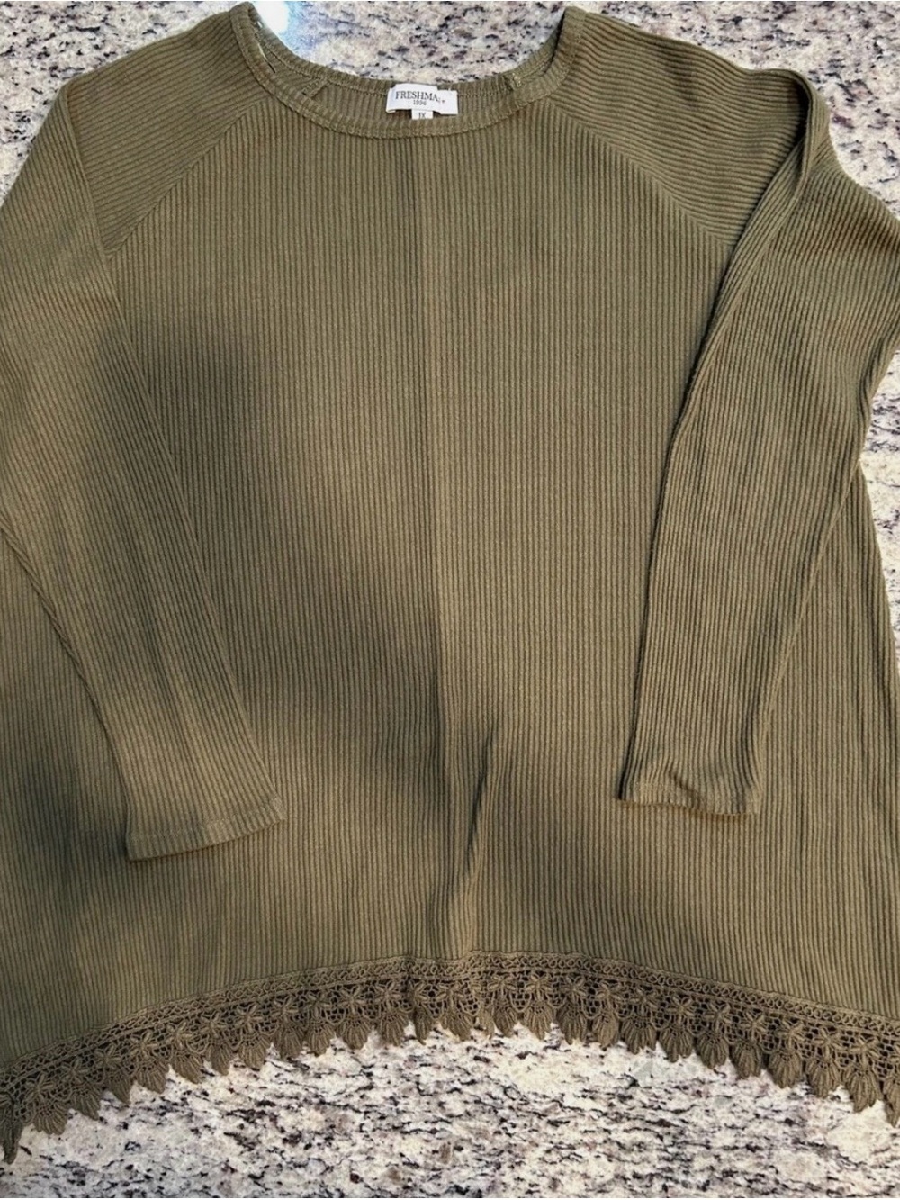 Freshman 1996 Long Sleeve Olive Green Crochet Lace Trim S 1X Boho Ribbed Sweater